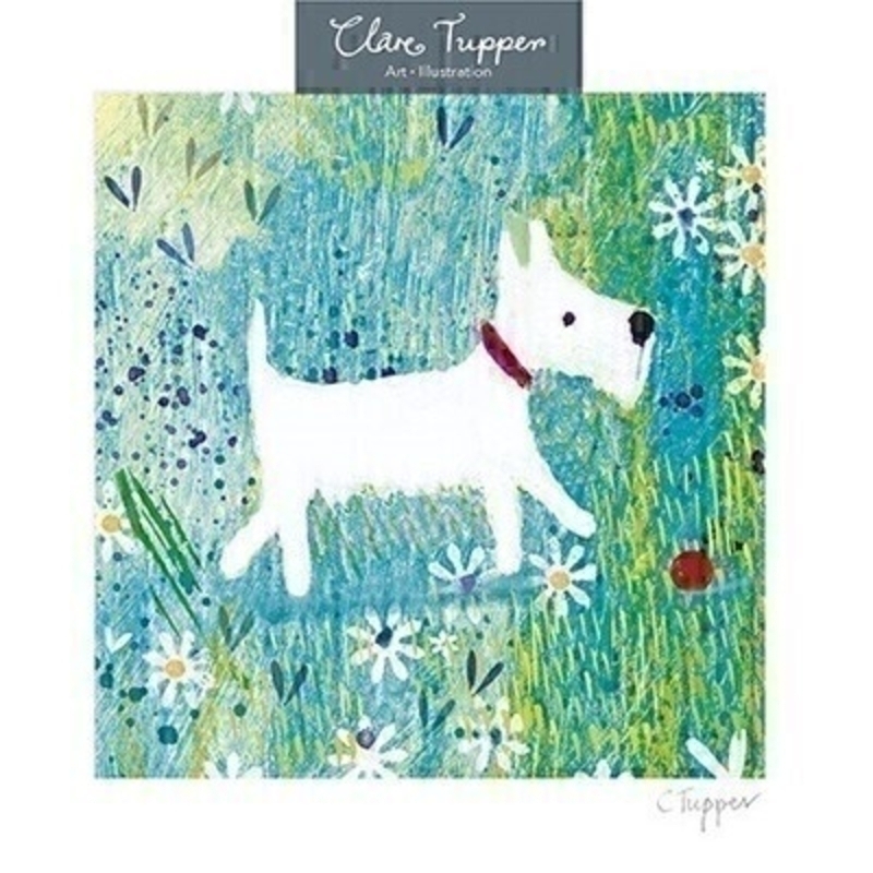 This blank greetings card features a white dog in a blue meadow of white flowers. Designed by Clare Tupper from Avocado Designs.  This card is perfect to send to someone for any occasion and has been left blank inside so you can write your own message. It comes complete with an envelope and is a lovely card from Paper Rose.